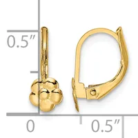Two gold-toned flower-shaped drop earrings with lever backs shown next to a measurement scale indicating approximately 0.5 inches in width and height.
