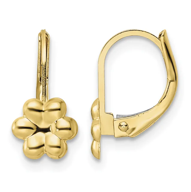 Pair of gold-colored flower-shaped drop earrings with lever-back closures, shown from front and side views.