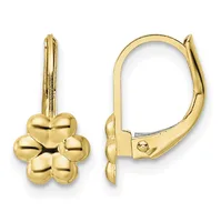 Pair of gold-colored flower-shaped drop earrings with lever-back closures, shown from front and side views.