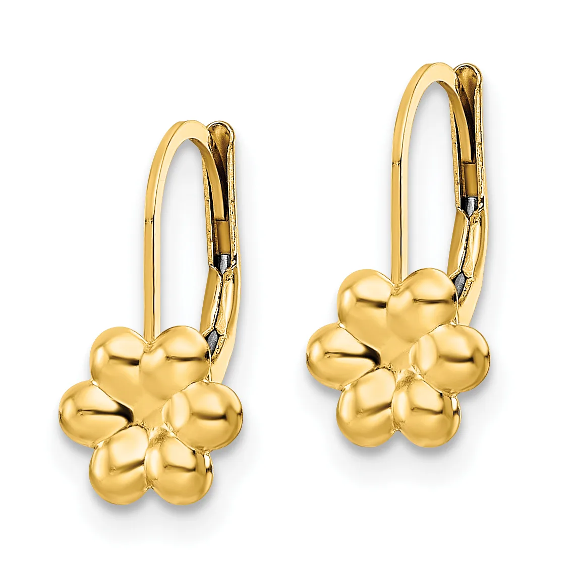 Pair of gold flower-shaped lever-back earrings with rounded petals and polished finish, shown from the front.