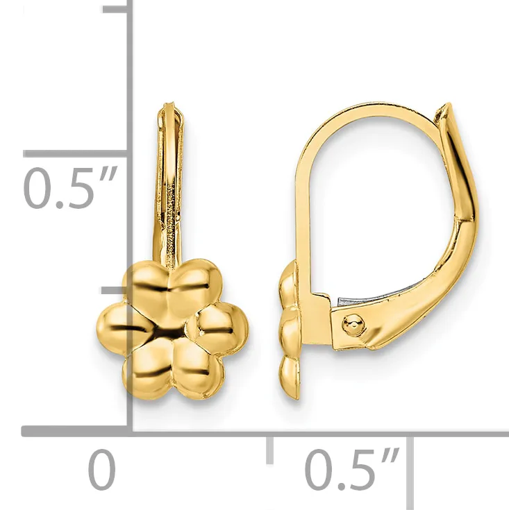 Pair of gold-toned flower-shaped lever-back earrings with rounded petal details, shown with measurement scale indicating approximately 0.5 inches in height and width.