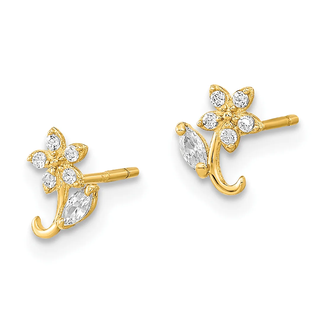 A pair of gold stud earrings featuring flower designs with marquise-cut cubic zirconia centers and round cubic zirconia petals, shown from front and back angles.