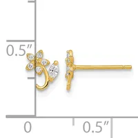 Pair of gold flower-shaped stud earrings with round and marquise-cut cubic zirconia stones, shown front and side view with a measurement scale indicating 0.5 inches in height.