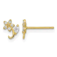 Pair of gold stud earrings with flower-shaped tops set with round and marquise-cut diamonds, shown from front and back views.