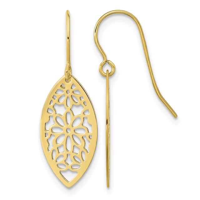 Pair of gold teardrop earrings with intricate floral cutout patterns, shown front and back views with French wire hooks.