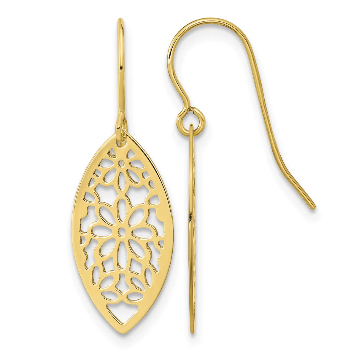 Pair of gold teardrop earrings with intricate floral cutout patterns, shown front and back views with French wire hooks.