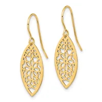 A pair of gold filigree leaf-shaped dangle earrings with hook closures displayed against a white background.