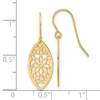 Pair of gold-toned filigree teardrop earrings with fish hook wires, displayed next to a measurement ruler showing approximately one inch in length.
