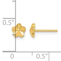 Pair of small gold five-petal flower stud earrings shown front and side view with measurement scale indicating approximately 0.5 inches in diameter.
