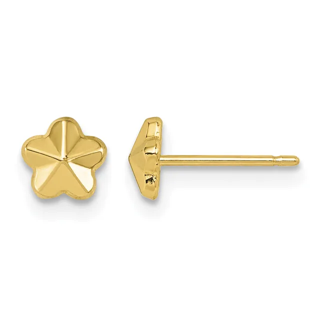 A pair of small gold flower-shaped stud earrings shown from front and side views, with a polished finish and a post and clutch closure.