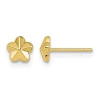 A pair of small gold flower-shaped stud earrings shown from front and side views, with a polished finish and a post and clutch closure.