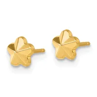Pair of gold star-shaped stud earrings with faceted surfaces and post backings, displayed against a white background.