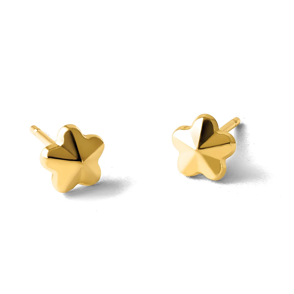 A pair of gold four-leaf clover stud earrings with polished surfaces and small posts, shown from the front against a white background.