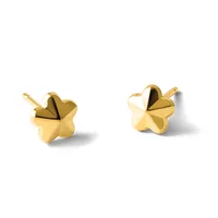 A pair of gold four-leaf clover stud earrings with polished surfaces and small posts, shown from the front against a white background.