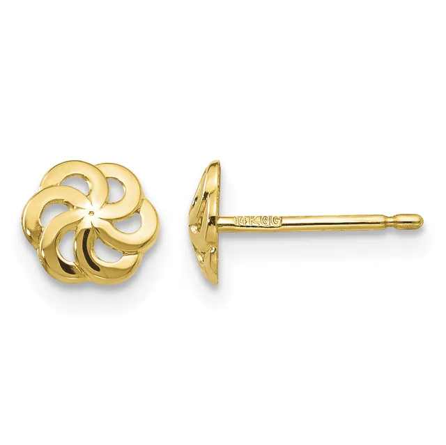 Pair of gold stud earrings with looped, flower-petal design, shown from front and side view with posts and backs visible.