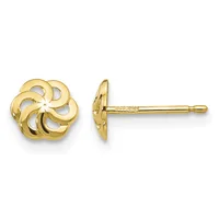 Pair of gold stud earrings with looped, flower-petal design, shown from front and side view with posts and backs visible.