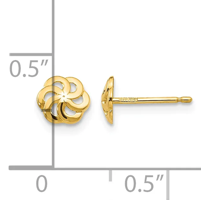 Two gold knot stud earrings shown front and side view with a measurement scale indicating they are approximately 0.5 inches in width.