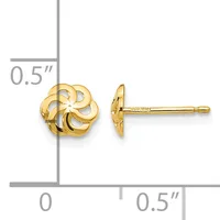 Two gold knot stud earrings shown front and side view with a measurement scale indicating they are approximately 0.5 inches in width.