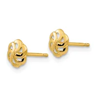 A pair of gold stud earrings with interlocking loop designs and posts, displayed against a white background.