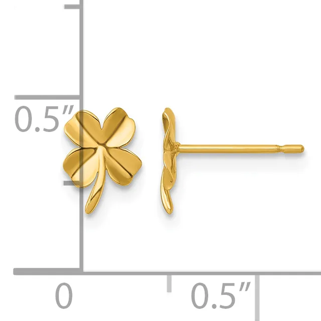 Pair of gold four-leaf clover stud earrings shown front and side view with measurement scale indicating 0.5 inch width.