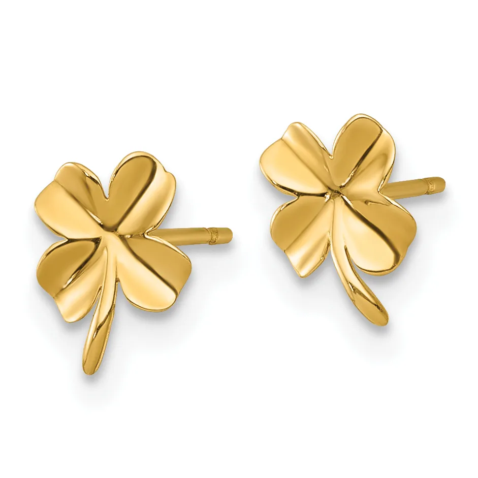 A pair of polished gold four-leaf clover stud earrings with posts and backs, shown from the front.