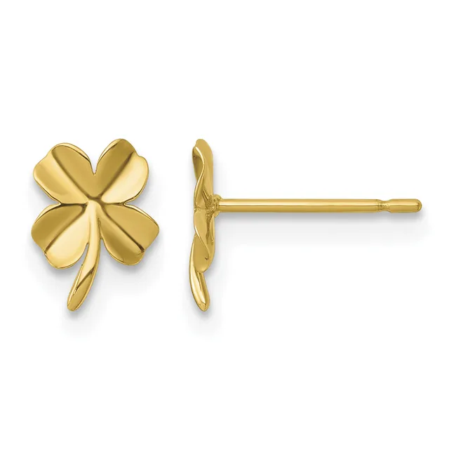 A pair of gold four-leaf clover stud earrings shown from front and side view, with a small post and backing visible on the right earring.