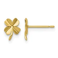 A pair of gold four-leaf clover stud earrings shown from front and side view, with a small post and backing visible on the right earring.