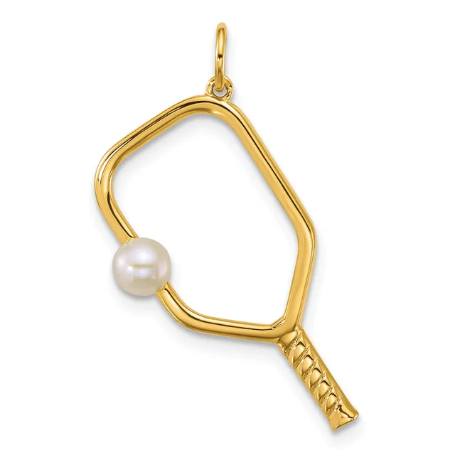 Gold-toned metal pendant shaped like a tennis racket with a white pearl positioned at the center and a small stamped hallmark near the handle.
