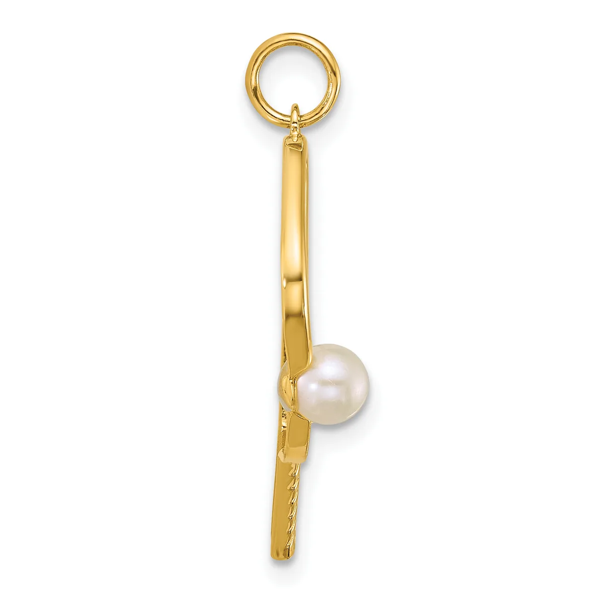 A gold pendant charm consisting of a rectangular bar with a round loop at the top and a white pearl suspended at the bottom.
