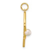 A gold pendant charm consisting of a rectangular bar with a round loop at the top and a white pearl suspended at the bottom.