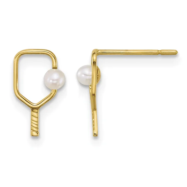 Pair of gold-toned earrings with rectangular frames featuring white pearl accents, shown from front and side views.