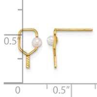 Pair of gold-plated earrings with white pearl drops suspended from rectangular frames, shown front and side view against a measurement scale.