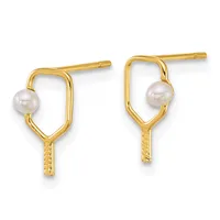 Pair of gold-toned drop earrings with rectangular frames, each featuring a white pearl suspended at the top and a textured rectangular pendant below, shown against a white background.