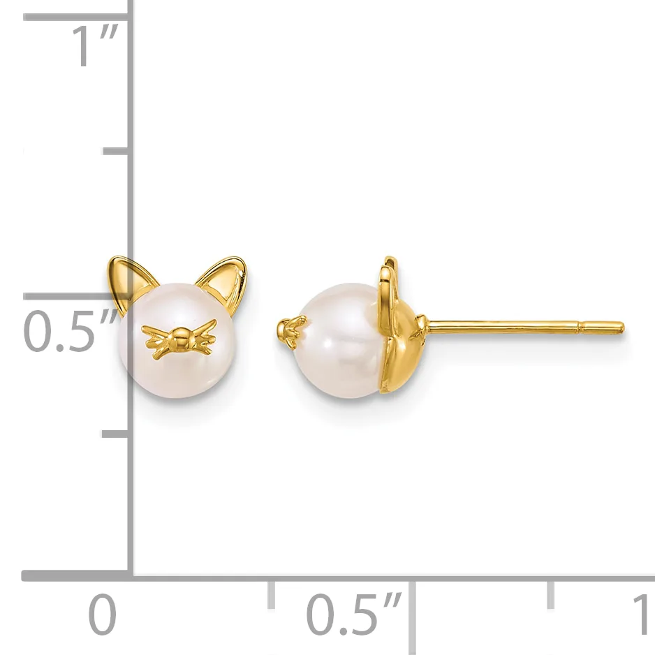 A pair of gold stud earrings featuring white pearl spheres topped with small gold cat ear details, shown front and back views next to a measurement scale.