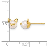 A pair of gold stud earrings featuring white pearl spheres topped with small gold cat ear details, shown front and back views next to a measurement scale.
