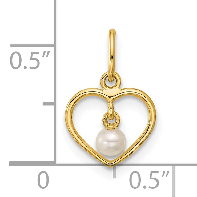 Gold heart-shaped pendant with a dangling white pearl, shown next to a measurement scale indicating approximately 0.5 inches in width and height.