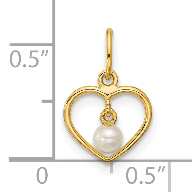 Gold heart-shaped pendant with a dangling white pearl, shown next to a measurement scale indicating approximately 0.5 inches in width and height.