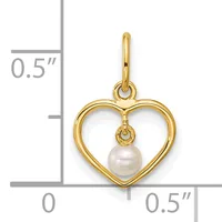 Gold heart-shaped pendant with a dangling white pearl, shown next to a measurement scale indicating approximately 0.5 inches in width and height.