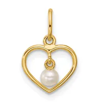 Gold heart-shaped pendant with a suspended white pearl at the center, attached to a gold bail loop.