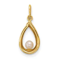 A gold teardrop-shaped pendant with a small white pearl suspended inside, attached to a gold bail at the top.