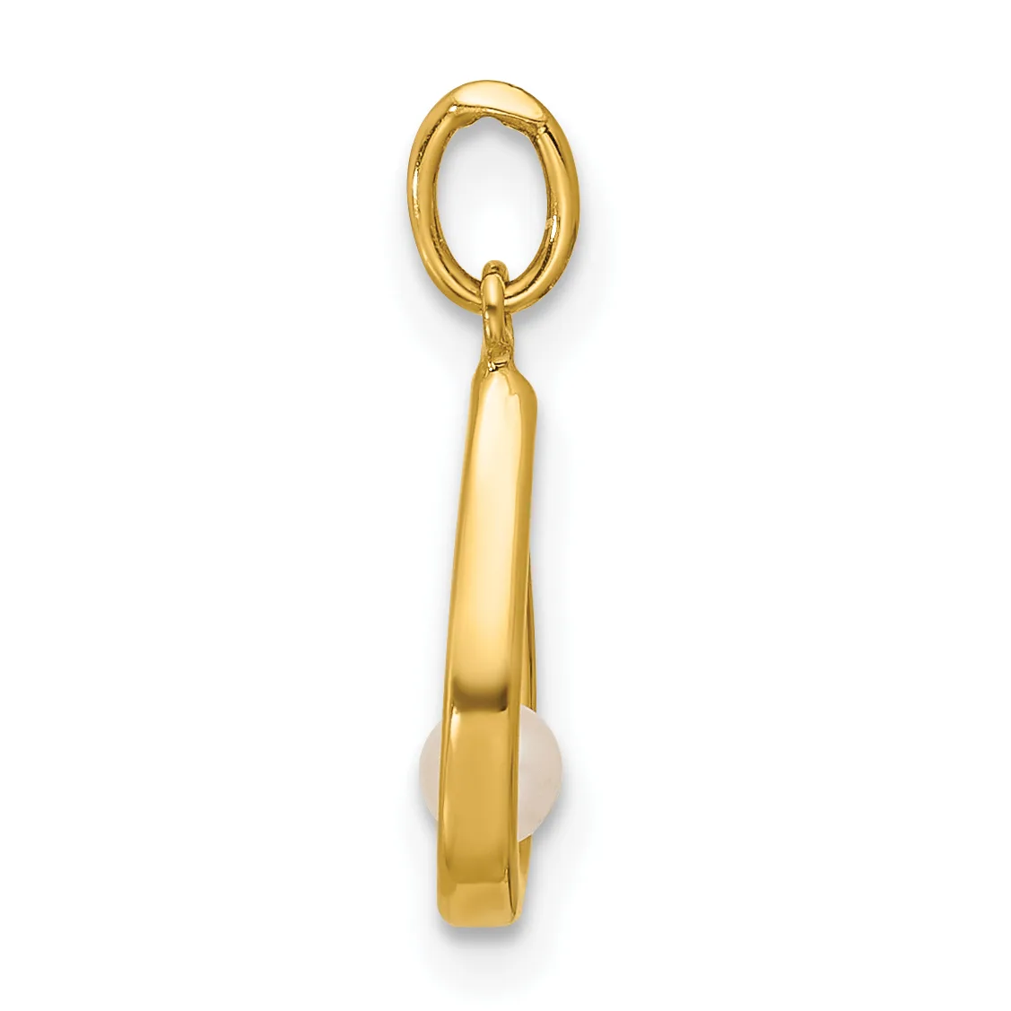 A gold pendant charm featuring an oval loop at the top connected to a polished teardrop-shaped gold bail with a white gemstone set at the bottom.