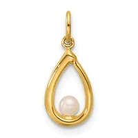 Gold teardrop pendant with a small round white pearl suspended inside the hollow opening and a looped bail at the top.
