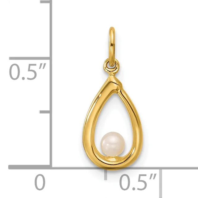 Gold teardrop pendant with a pearl nestled inside, shown next to a ruler indicating the pendant is approximately 0.5 inches wide and tall.