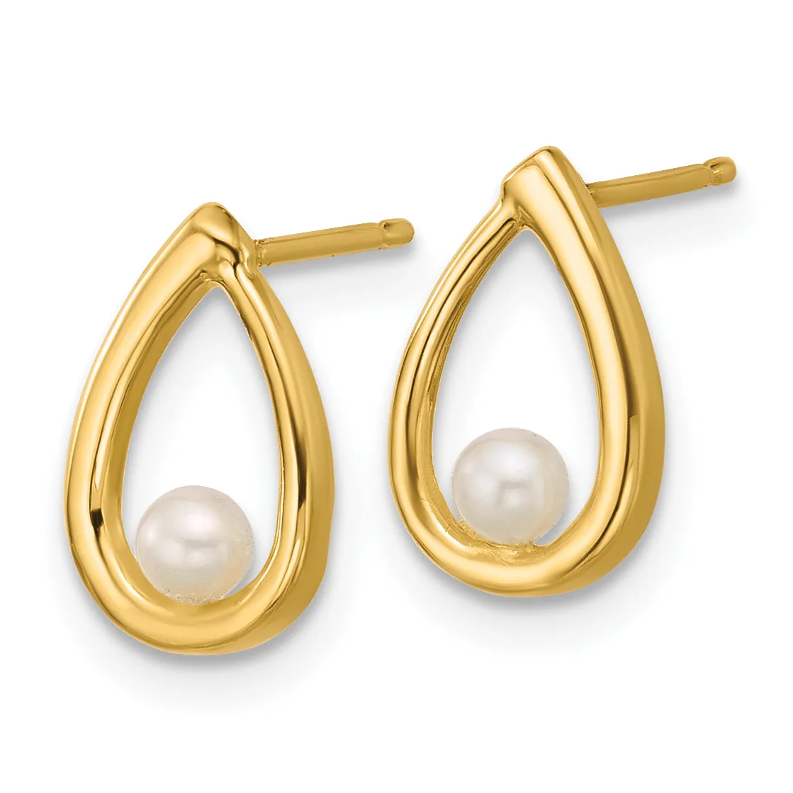 Pair of gold teardrop earrings with white pearl centers and post backs, shown against a white background.