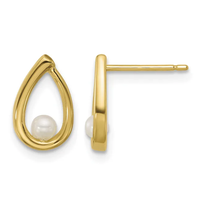 A pair of gold teardrop-shaped stud earrings, each with a small white pearl nestled in the center of the loop.