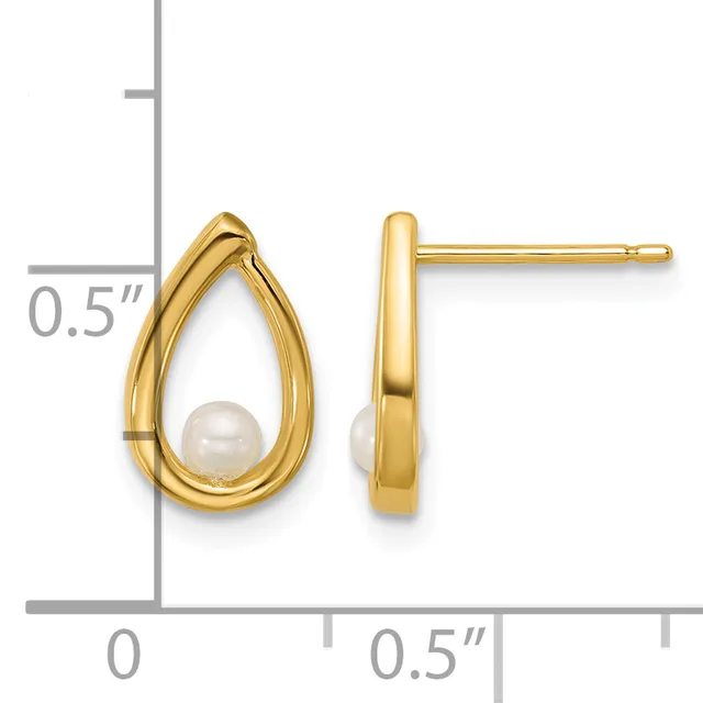 A pair of gold teardrop earrings, each featuring a white pearl suspended within a polished gold frame, shown with a measurement scale indicating approximately 0.5 inches in height.