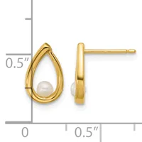 A pair of gold teardrop earrings, each featuring a white pearl suspended within a polished gold frame, shown with a measurement scale indicating approximately 0.5 inches in height.
