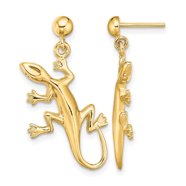 A pair of gold dangle earrings shaped like lizards with detailed features, shown from front and back views.