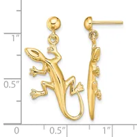 Gold-colored lizard dangle earrings with ball studs, shown against a measurement scale indicating approximately one inch in length.