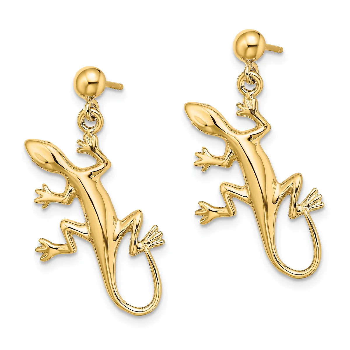 A pair of gold-colored lizard-shaped dangle earrings with detailed feet and tails, shown from the front against a white background.